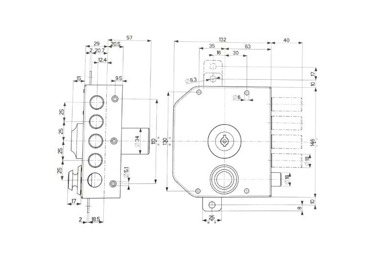 Esploso con misure serratura da applicare triplica per portone in legno Mottura 30630-30631. | Acquista su ferramentabeniamino.it
