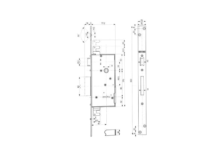 Esploso con misure serratura triplice infilare a doppia mappa per porte in legno E.50 40721 Mottura. | Acquista su ferramentabeniamino.it