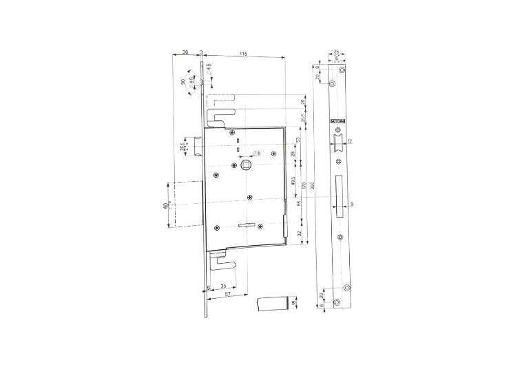 Esploso con misure serratura triplice infilare a doppia mappa per porte in legno E.60 40741 Mottura. | Acquista su ferramentabeniamino.it