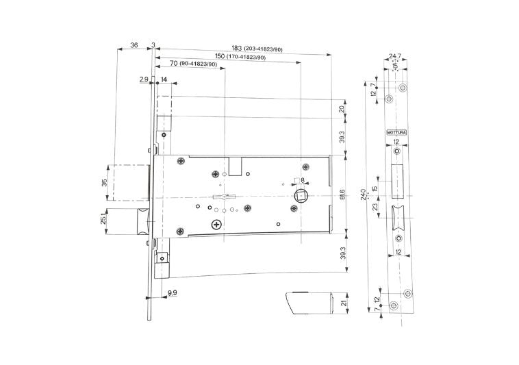 Esploso con misure serratura infilare con scrocco e mandata per fascia doppia mappa Mottura 41812. | Acquista su ferramentabeniamino.it