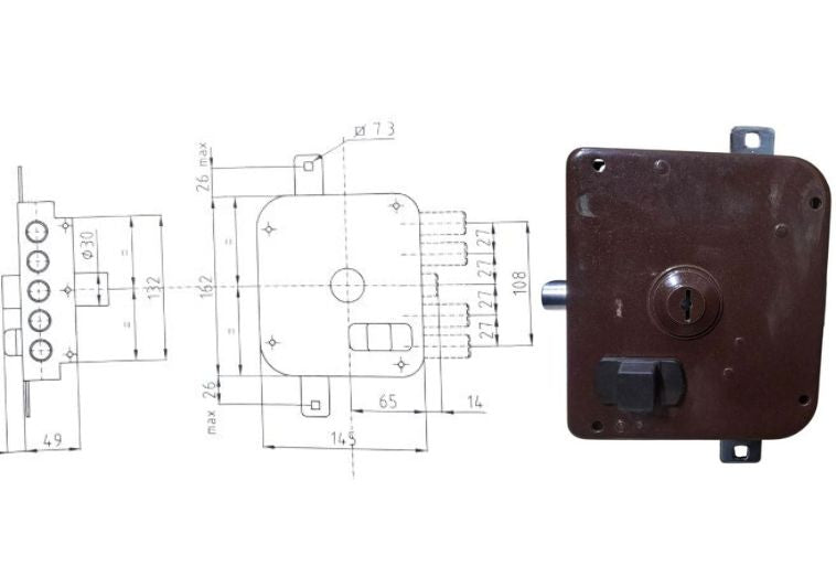 Esploso con misure + serratura da applicare triplica per portone in legno Dierre. | Acquista su ferramentabeniamino.it