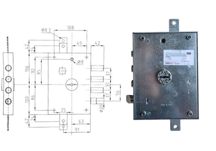 Esploso con misure + serratura per porta blindata a doppia mappa int.37 E.60 Dx Dierre. | Acquista su ferramentabeniamino.it