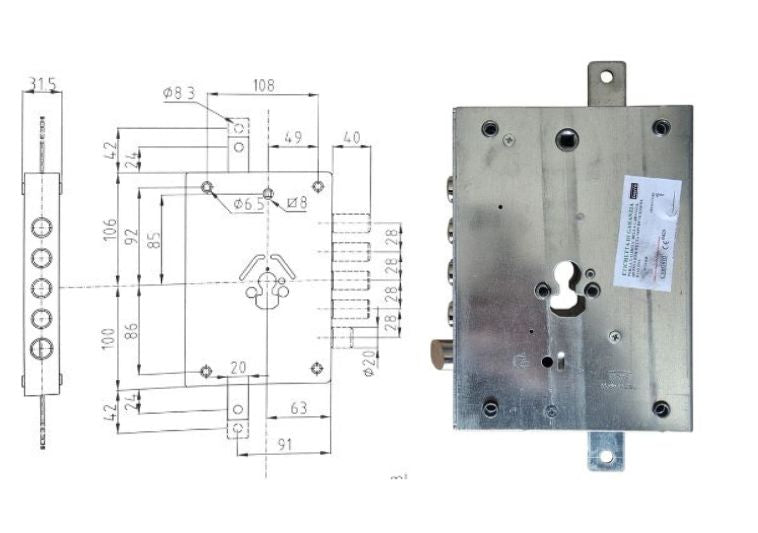 Esploso con misure + serratura reversibile per porta blindata con profilo europeo E.60 mm. Dierre. | Acquista su ferramentabeniamino.it