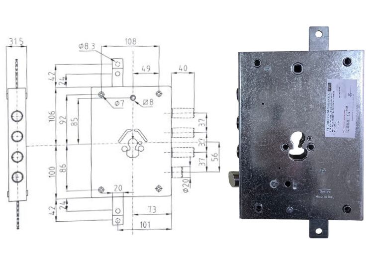 Esploso con misure + serratura reversibile per porta blindata con profilo europeo E.70 mm. int.37 Dierre. | Acquista su ferramentabeniamino.it