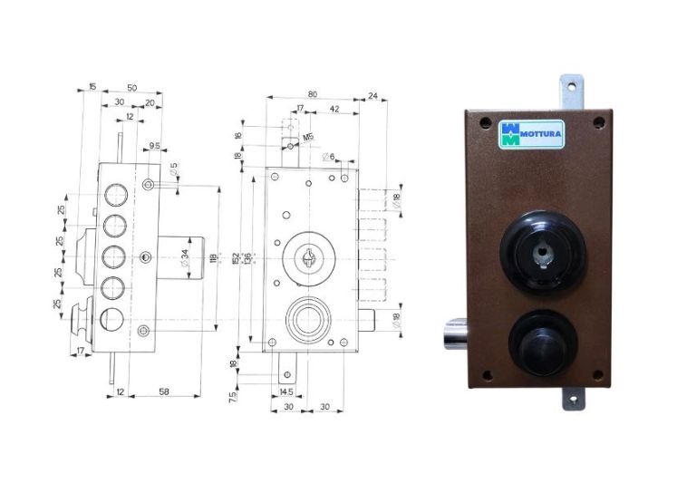 Esploso con misure + serratura da applicare triplica per portone in legno Mottura 30436. | Acquista su ferramentabeniamino.it