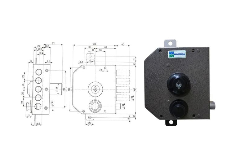 Esploso con misure + serratura da applicare triplica per portone in legno Mottura 30630-30631. | Acquista su ferramentabeniamino.it