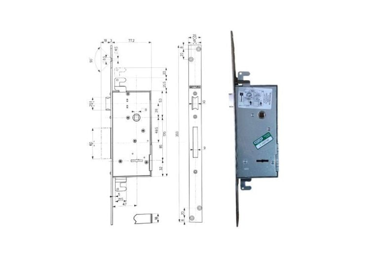 Esploso con misure + serratura triplice infilare a doppia mappa per porte in legno E.50 40721 Mottura. | Acquista su ferramentabeniamino.it