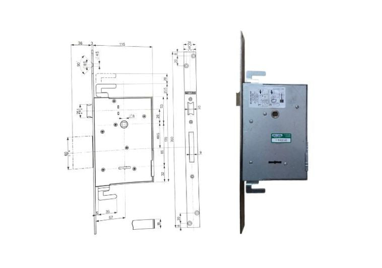 Esploso con misure + serratura triplice infilare a doppia mappa per porte in legno E.60 40741 Mottura. | Acquista su ferramentabeniamino.it