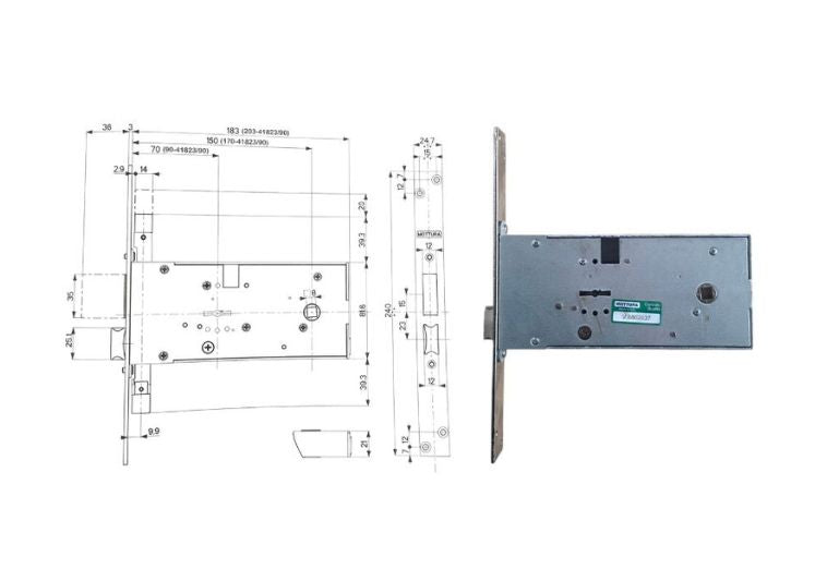Esploso con misure + serratura infilare con scrocco e mandata per fascia doppia mappa Mottura 41812. | Acquista su ferramentabeniamino.it