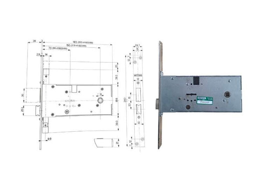 Esploso con misure + serratura infilare con scrocco e mandata per fascia doppia mappa Mottura 41812. | Acquista su ferramentabeniamino.it