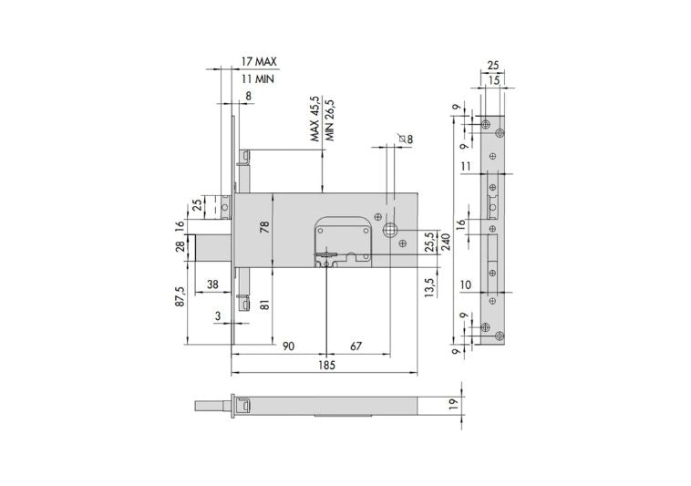 Misure serratura infilare triplica a doppia mappa con scrocco e mandata Cisa 57358. | Acquista su ferramentabeniamino.it